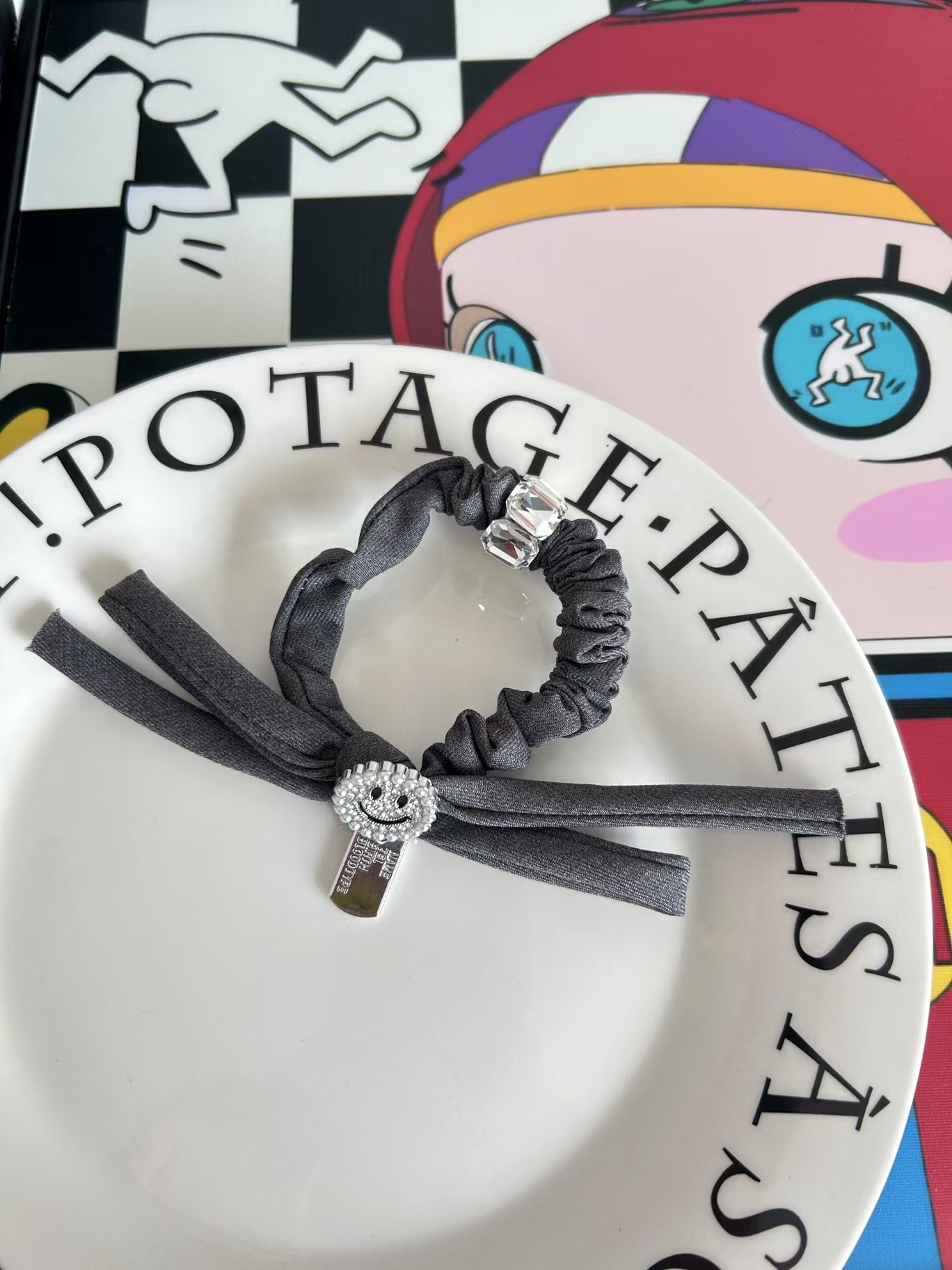 韩国原创手工灰色西装面料高级感灰色笑脸彩色发绳发圈