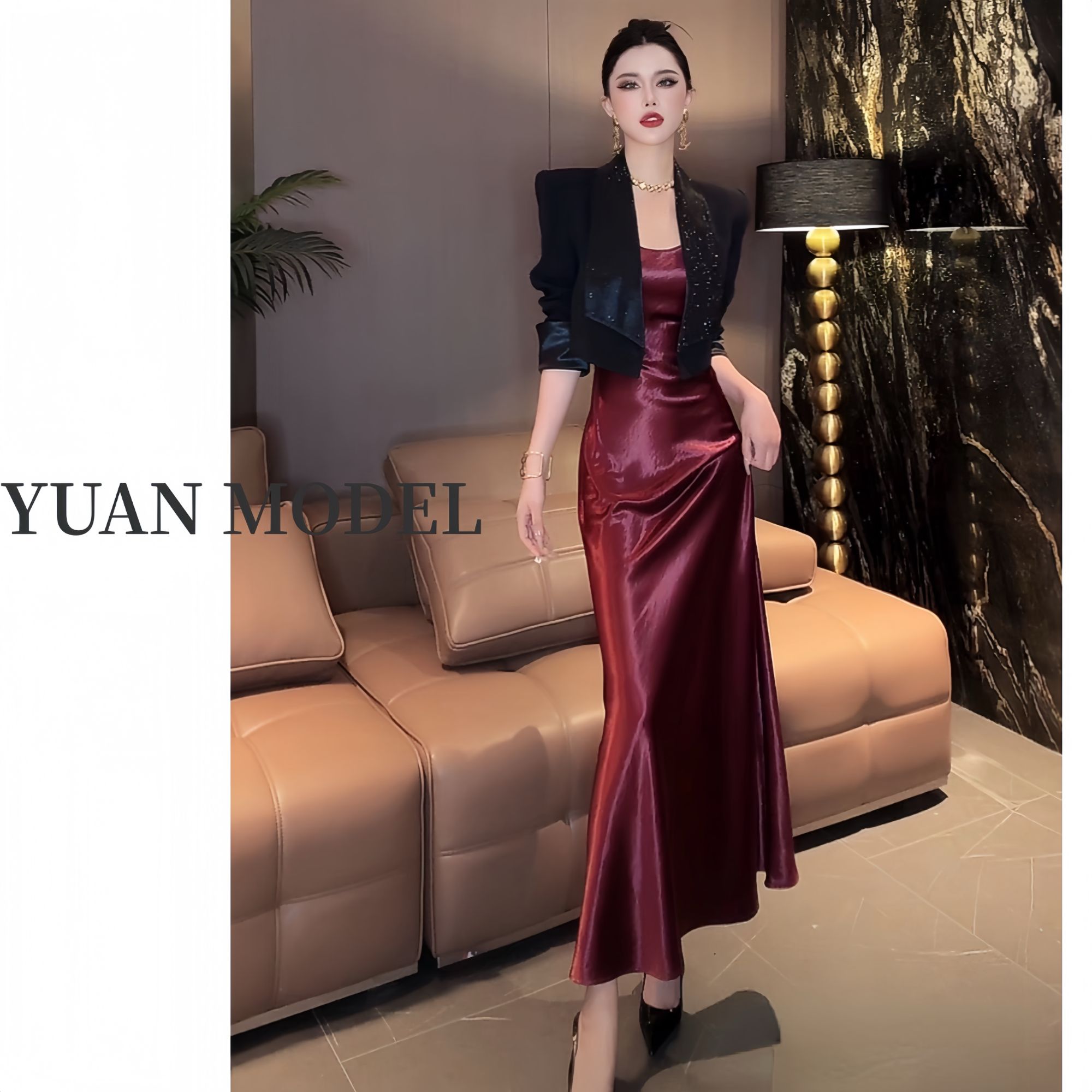 【YUAN MODEL】媛老板-2025春装高端吊带长款连衣裙女装气质022469