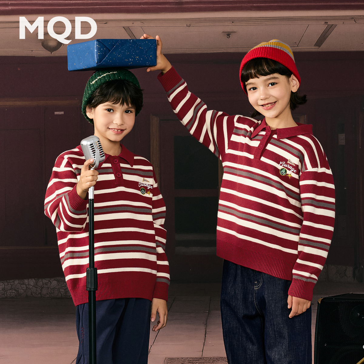 【拜年服】MQD男童25冬新款学院条纹翻领毛衣亲肤保暖9654W0787