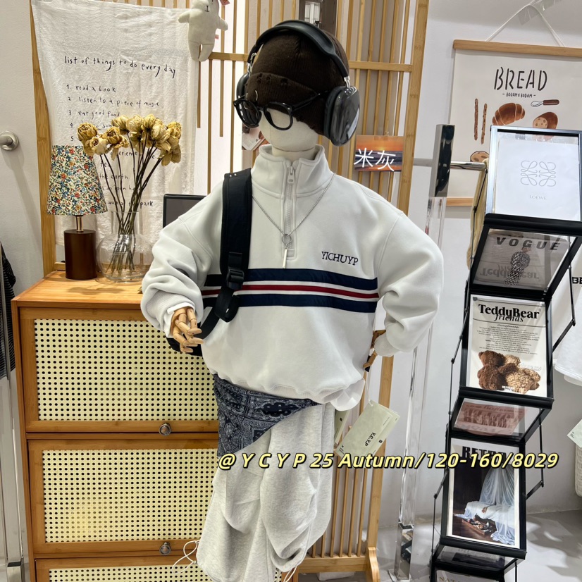 YCYP  2025冬季儿童韩版时尚潮流彩色拼接半拉链加绒卫衣  8029