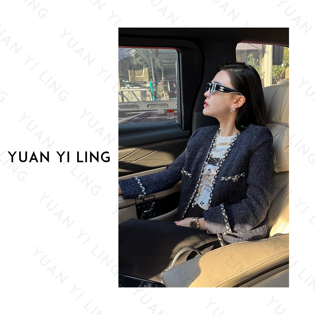 袁艺灵【海岛星河】25春季上新定制藏青小香织带时髦粗花呢外套女装