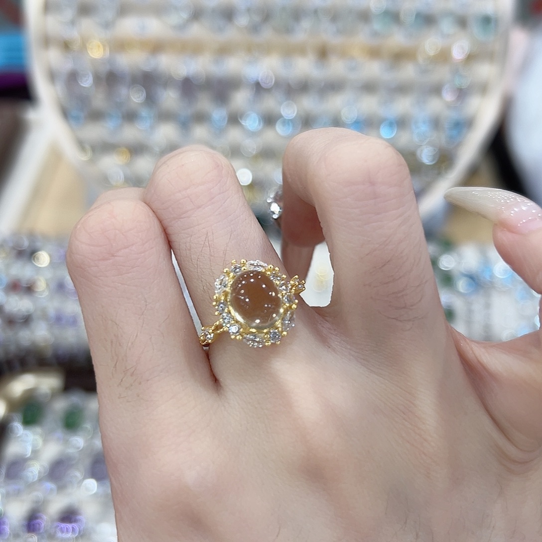 玻***心戒指银S925镶嵌黄晶