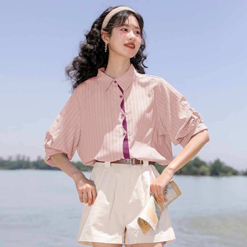 法式立领褶皱衬衫女宽松显瘦薄款衬衣