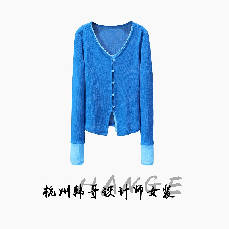 【韩哥女装】2025欧版柔蓝色拼接钉扣时尚休闲打底上衣10050-A7