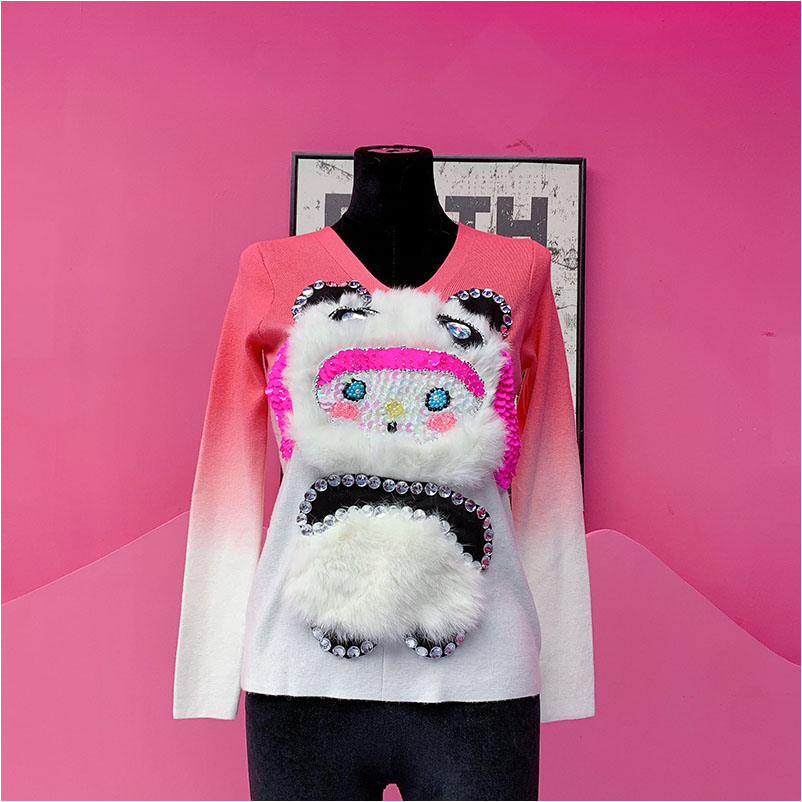 QD1810欧美设计师2025冬季新款钉钻刺绣兔毛卡通渐变色打底针织衫