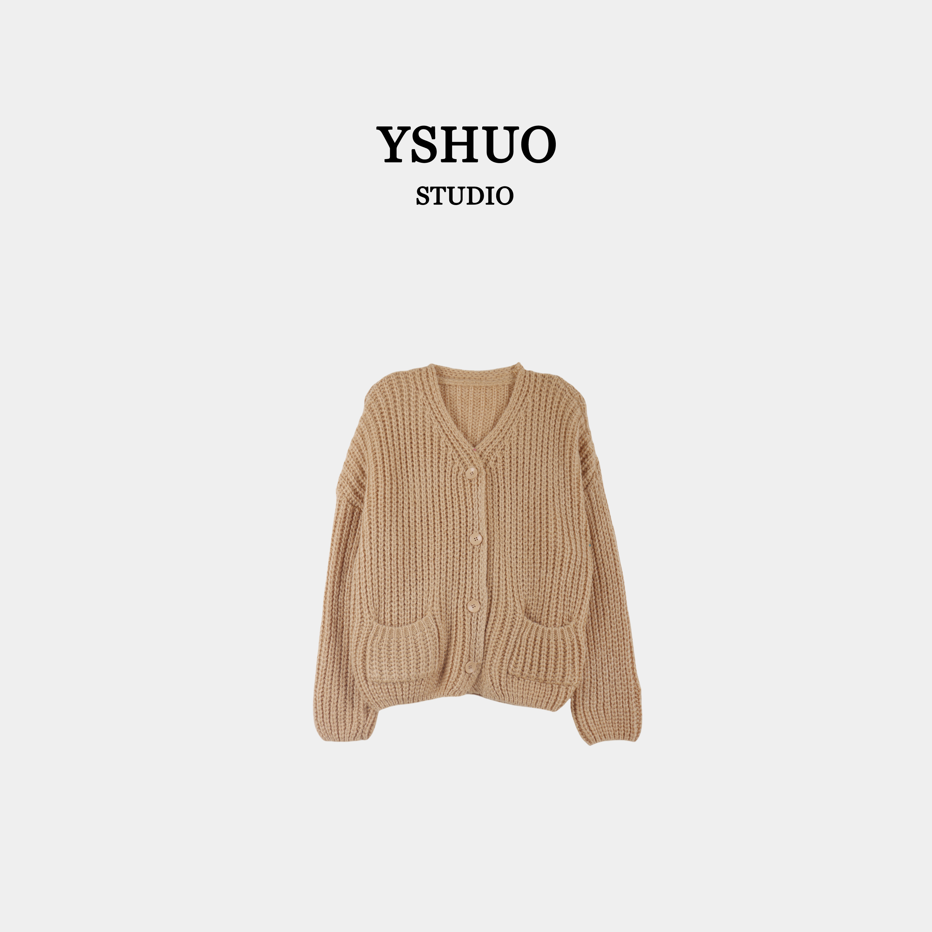 【软面包】V领粗棒针宽松针织简约纯色口袋开衫 24689