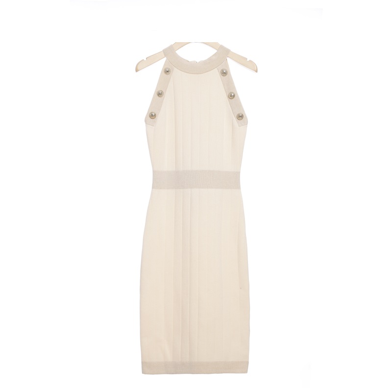 【NO退No换】时尚气质白塔金丝边圆领修身裙子C57