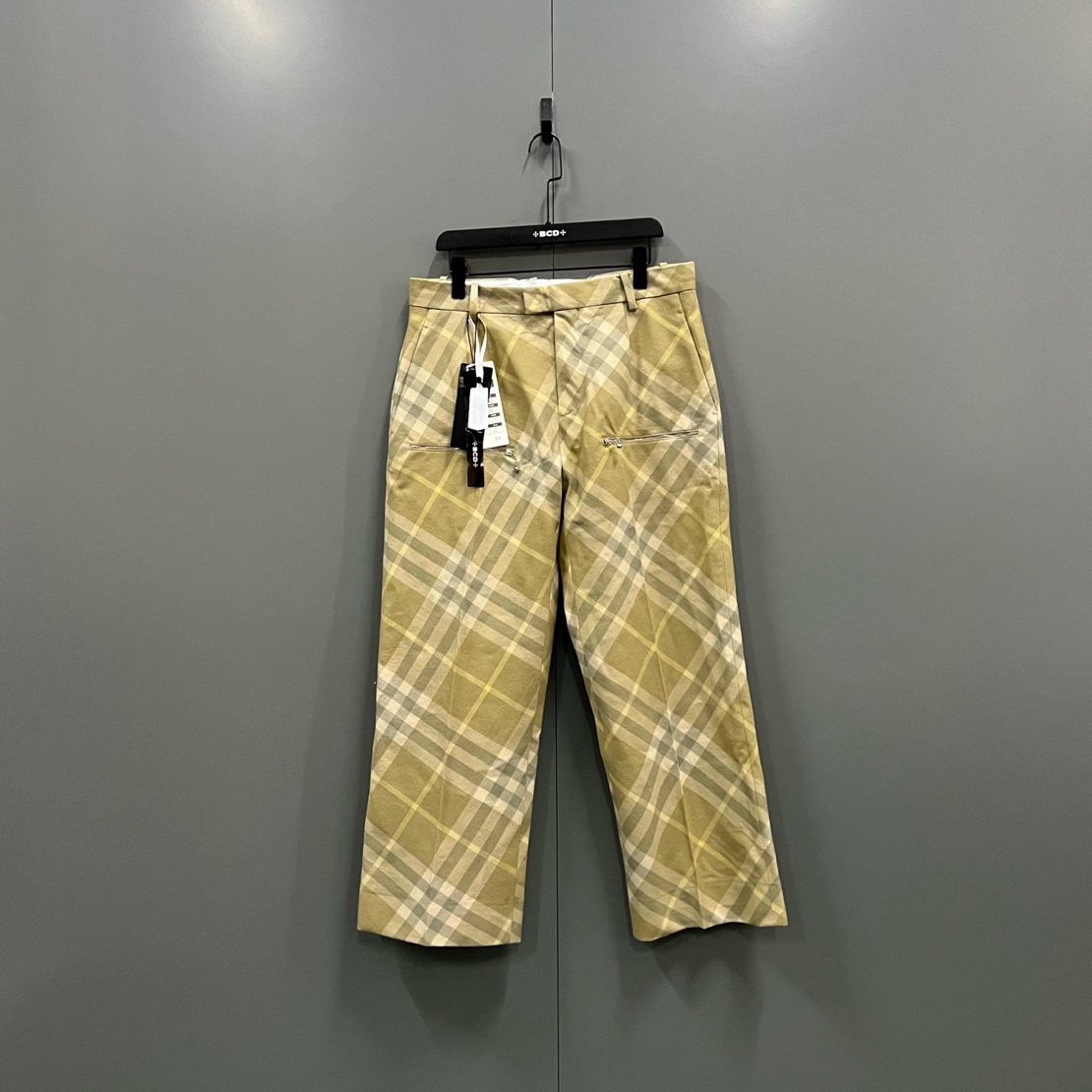 未使用 BURBERRY/博柏利 j29黄色格纹拉链休闲裤 52码009478 