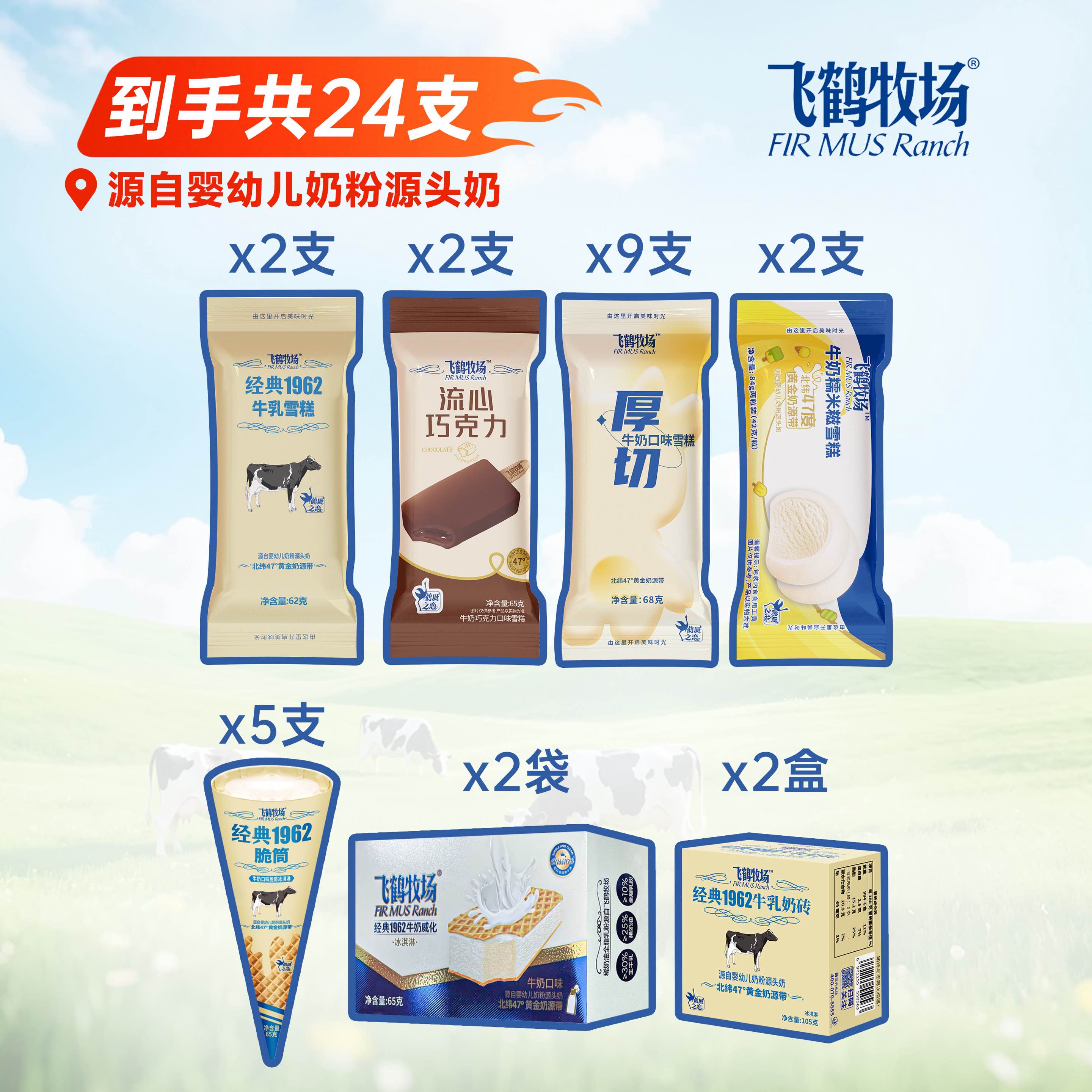 【飞鹤牧场24支冰淇淋套餐】飞鹤牧场糯米糍流心巧克力威化脆筒经典奶砖雪糕冰淇淋尝鲜装组合