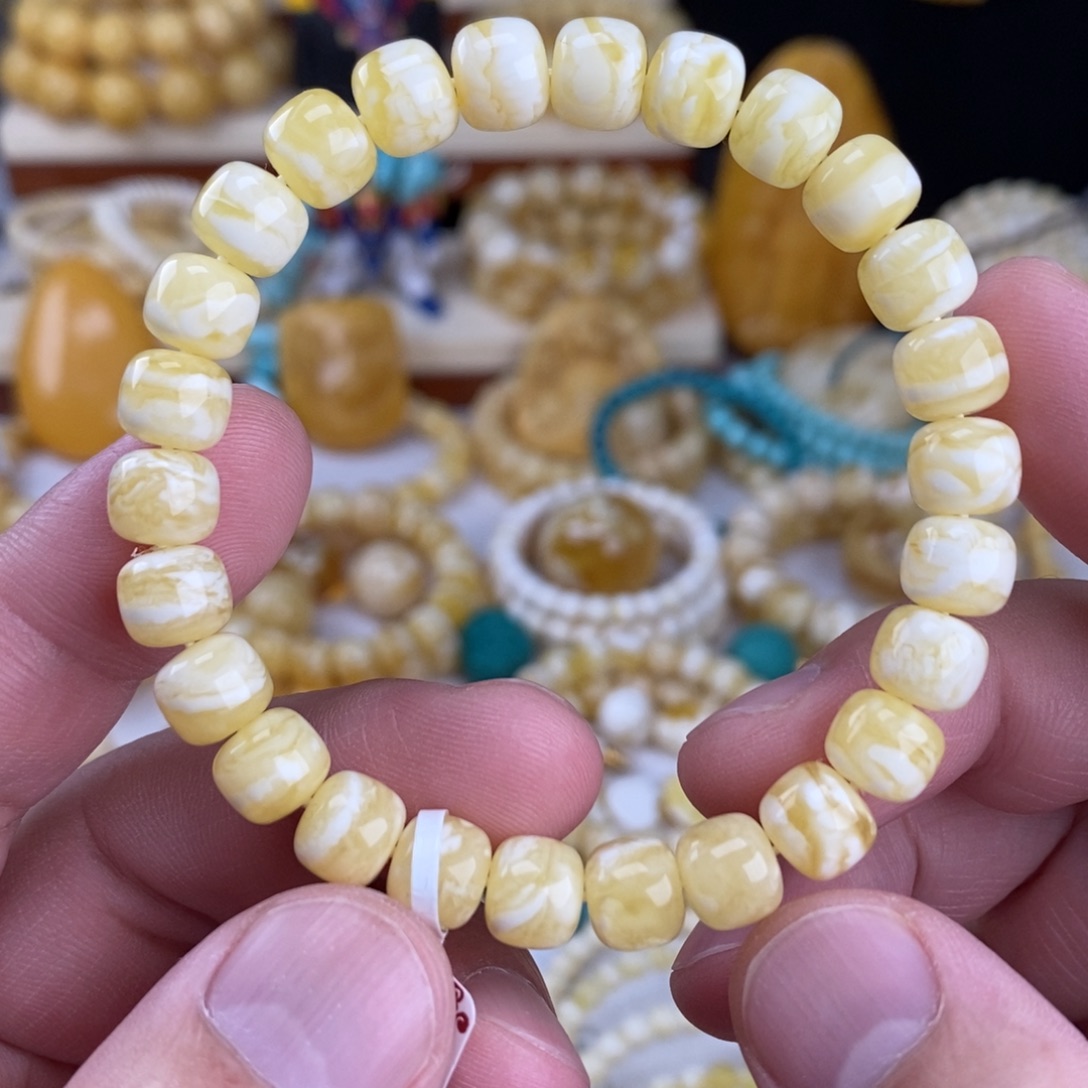 蜜蜡未镶嵌手链瓷白细纹虎皮8.6mm