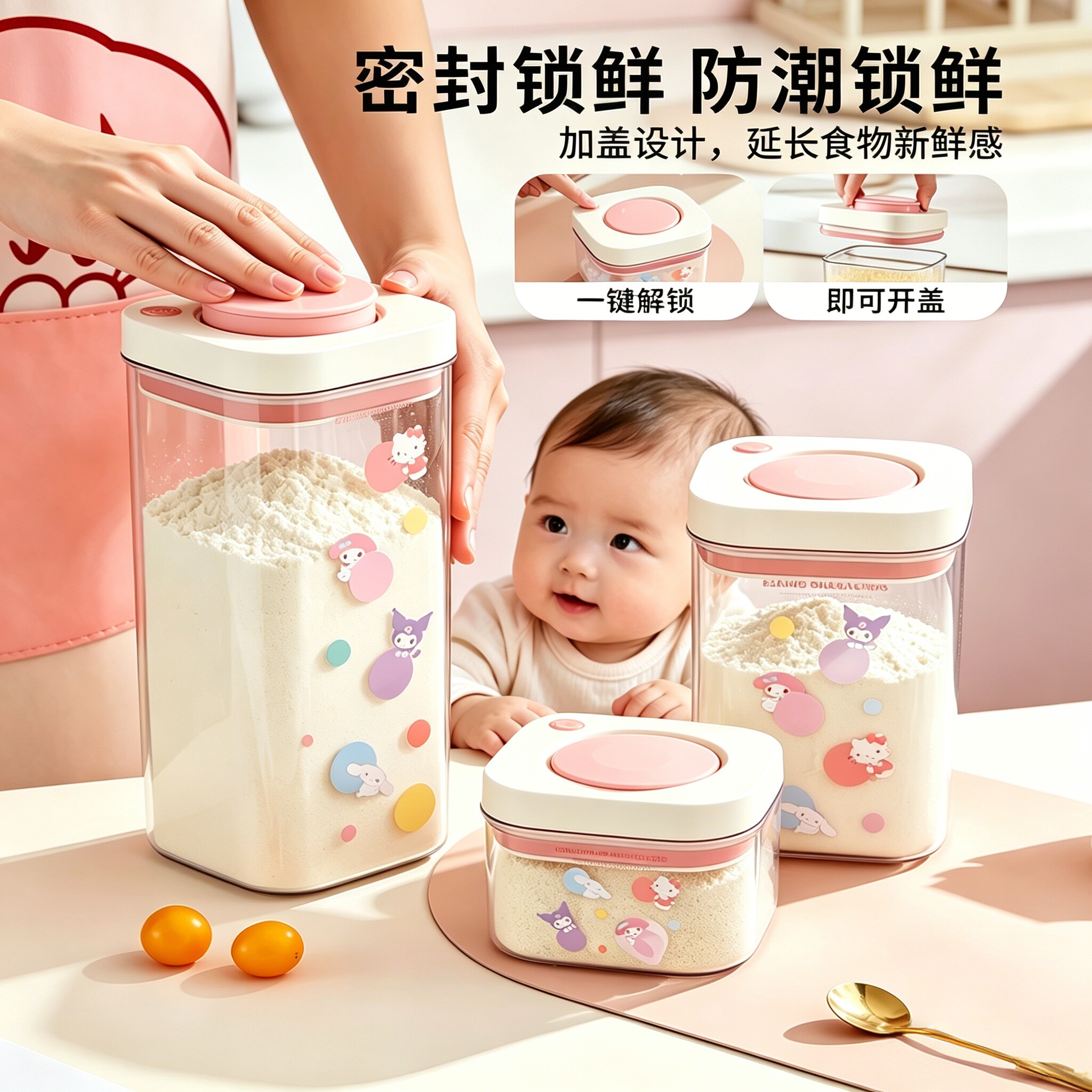 三丽鸥【儿童密封罐】按压式食品级家用婴幼儿辅食分装收纳罐储物罐