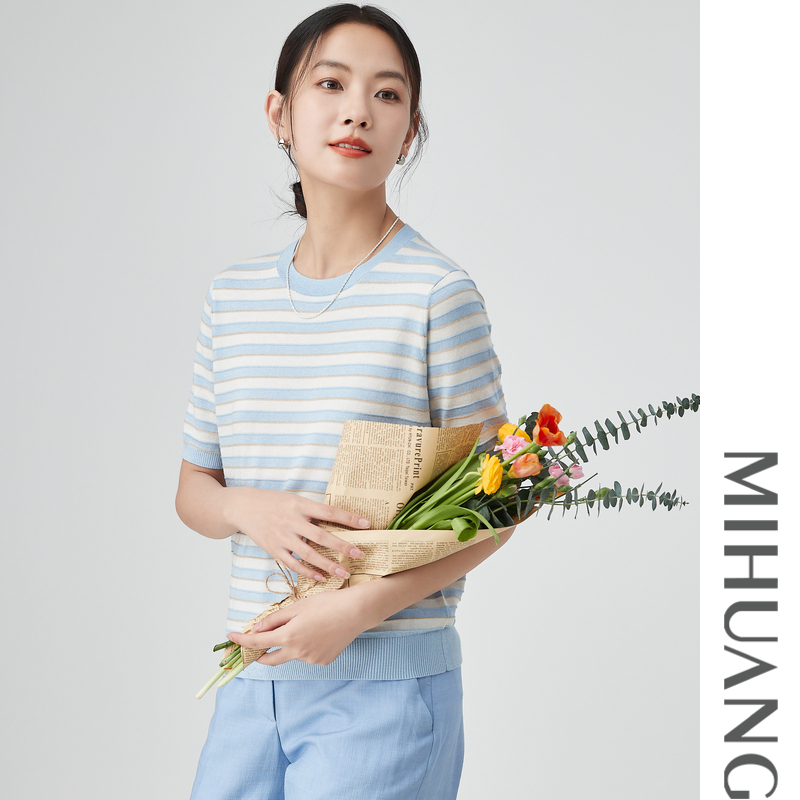 MIHUANG/米皇桑蚕丝山羊绒条纹圆领短袖女士针织T恤545303