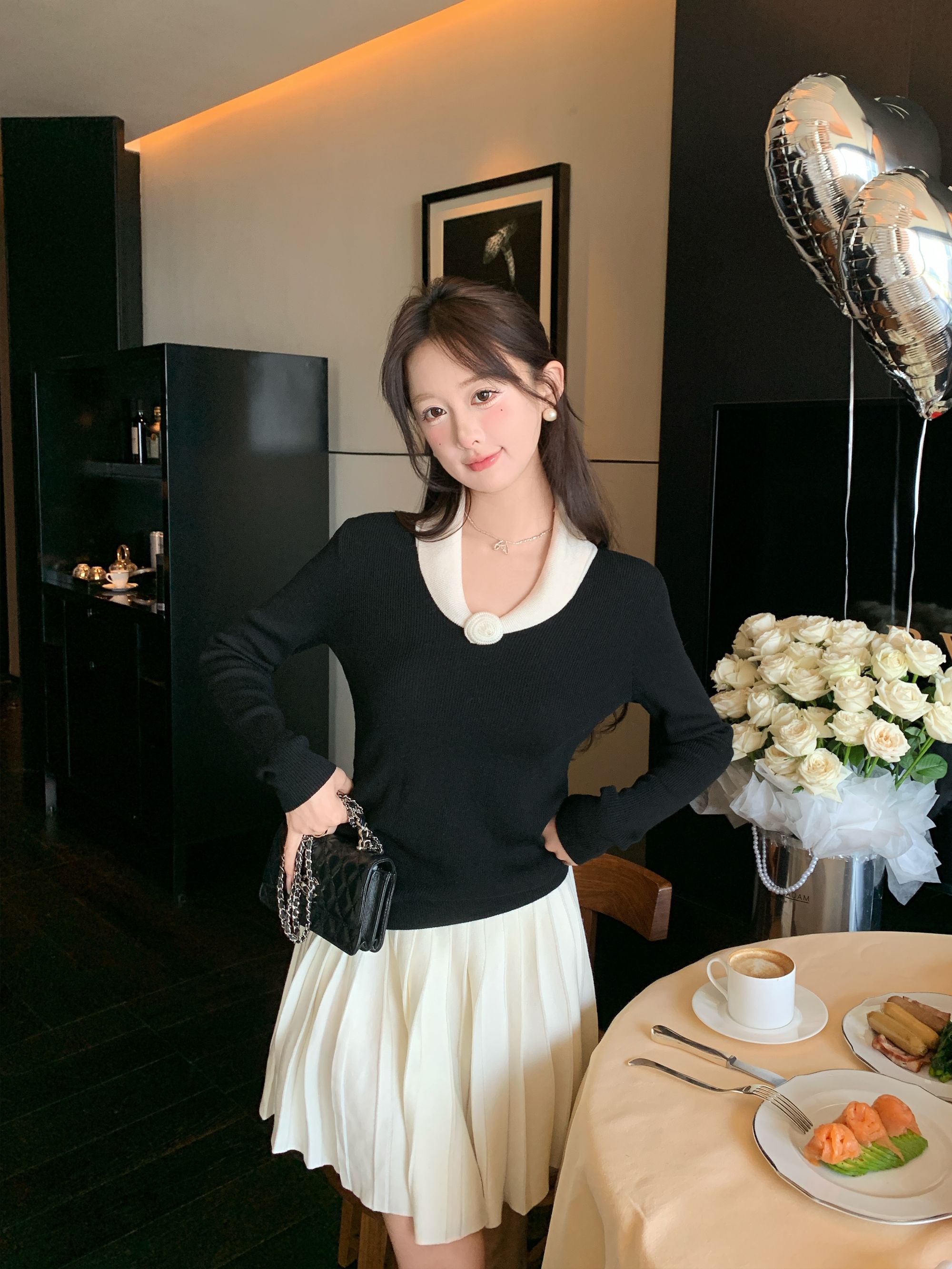 法式V领修身拼色针织衫女2025新款时尚韩版气质百搭显瘦上衣G9-57