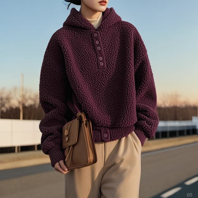 咖色连帽羊羔毛毛绒卫衣加绒加厚女款秋冬小个子超好看摇粒绒上衣