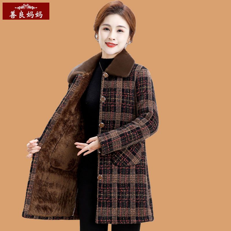 妈妈加绒冬装毛呢外套新款中老年中长款水貂绒大衣加厚保暖款棉袄