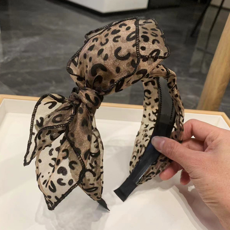 春夏新款法式豹纹网纱蝴蝶结发箍带齿防滑发卡女韩版头箍时尚发饰