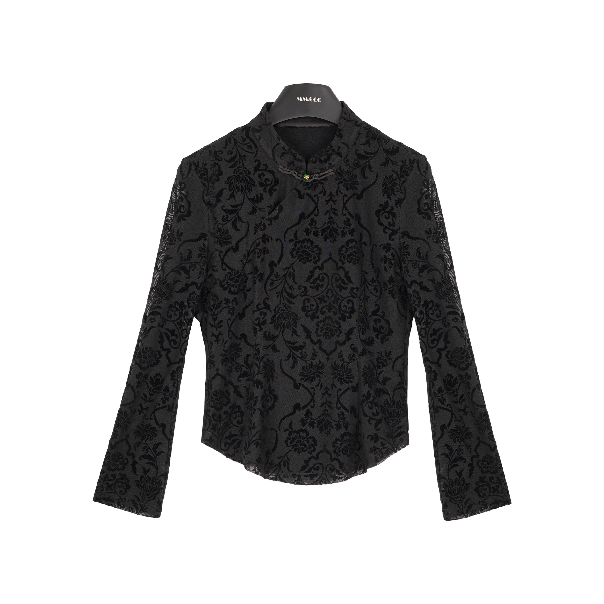 【梨花落】新中式国风植绒黑色网纱长袖秋款盘扣内搭洋气上衣F9590