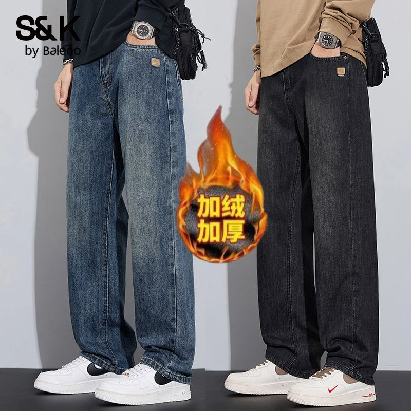 班尼路秋冬季新款阔腿牛仔裤男士宽松直筒加绒加厚休闲长裤子男款