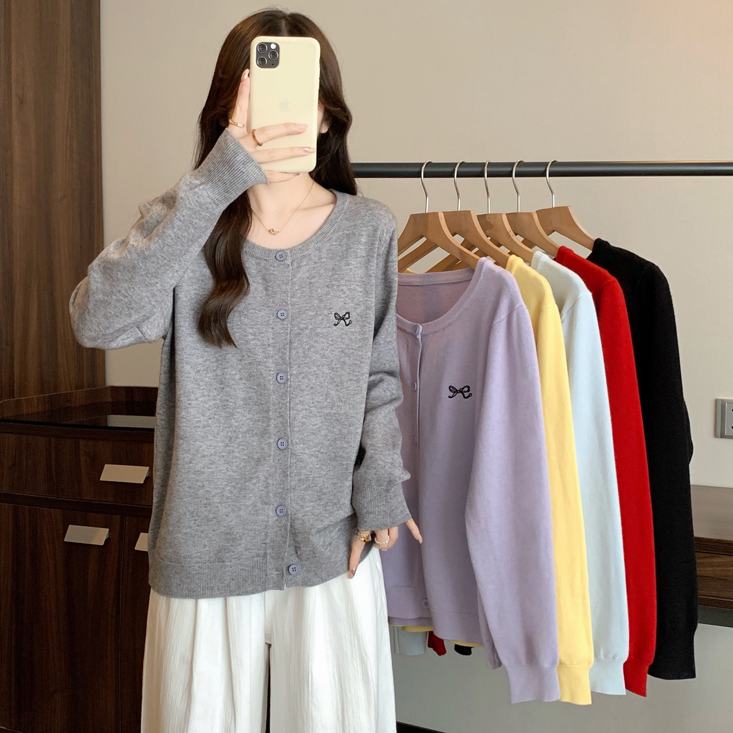 宽松刺绣针织开衫上衣胖mm显瘦百搭休闲毛衣外套女装2025秋装新款