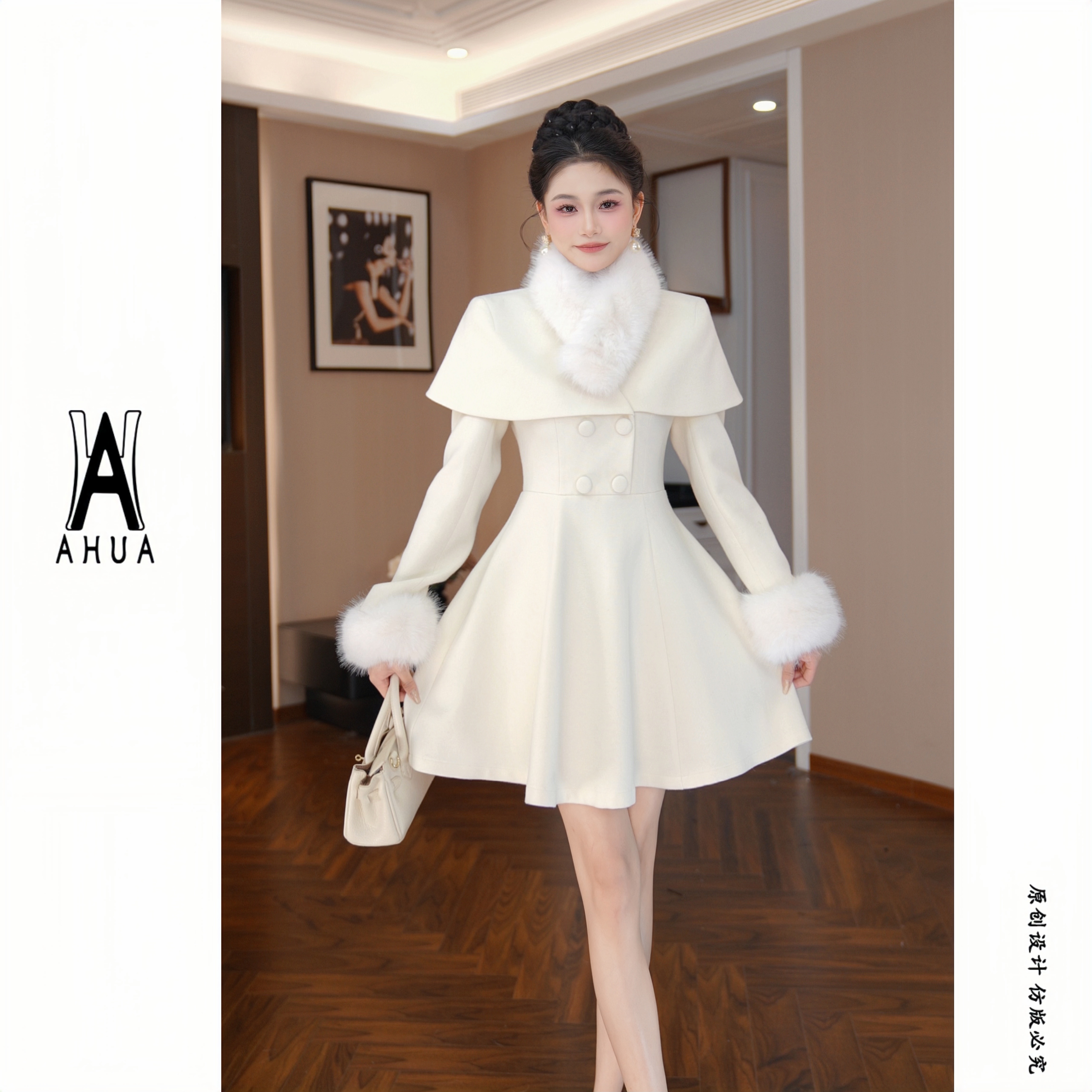 【花花原创】中国风厚款长袖名媛减龄小个子气质连衣裙61334