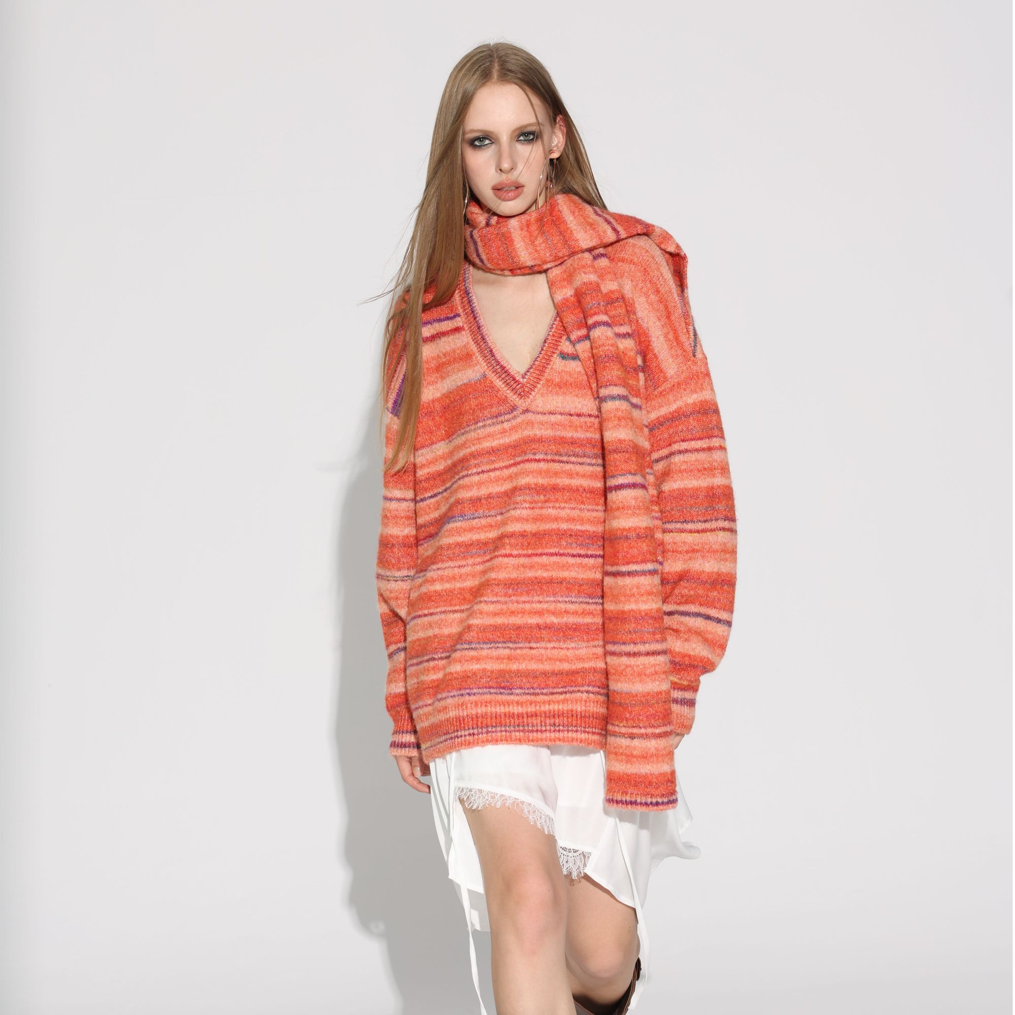 UTUH 长袖时尚休闲宽松条纹V领套头针织衫配:围巾TDWWW2Z482