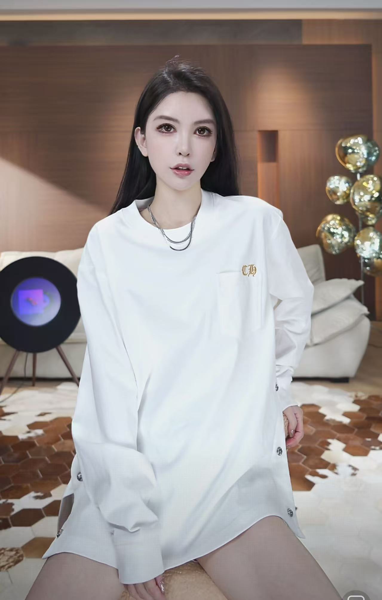 【大美夕】秋季圆领中长款纽扣上衣宽松百搭网红9810