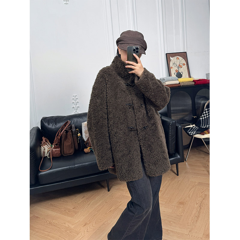 树小井100绵羊毛羊羔毛外套韩版慵懒风立领加厚牛角扣羊剪绒大衣