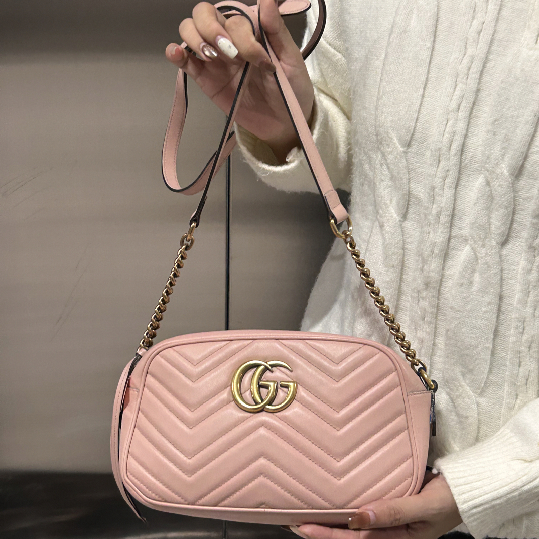 95新 GUCCI/古驰 马蒙金标皮革链条相机包单肩斜挎包