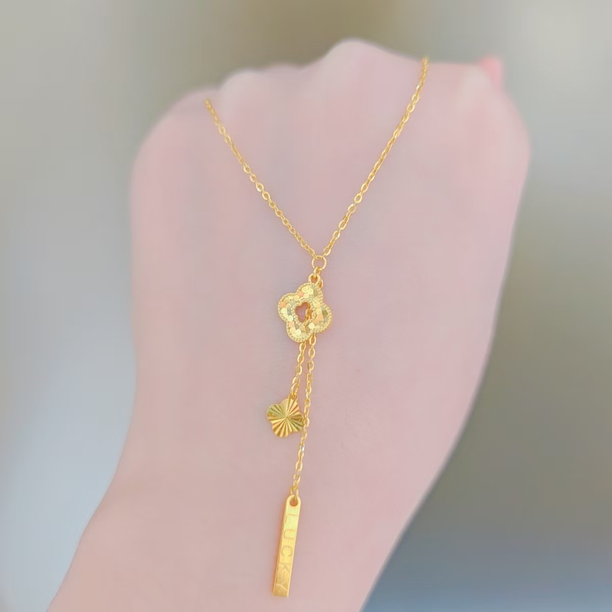 足金999鱼鳞四叶草同款黄金套链时尚百搭黄金首饰项链