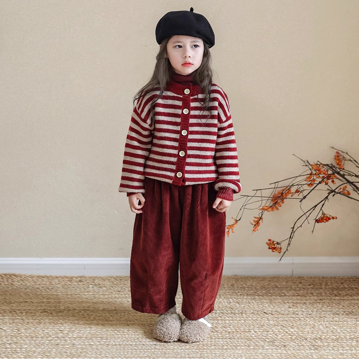 【思晨家】女童毛衣条纹圆领长袖韩版童装洋气秋冬春休闲针织直筒裤