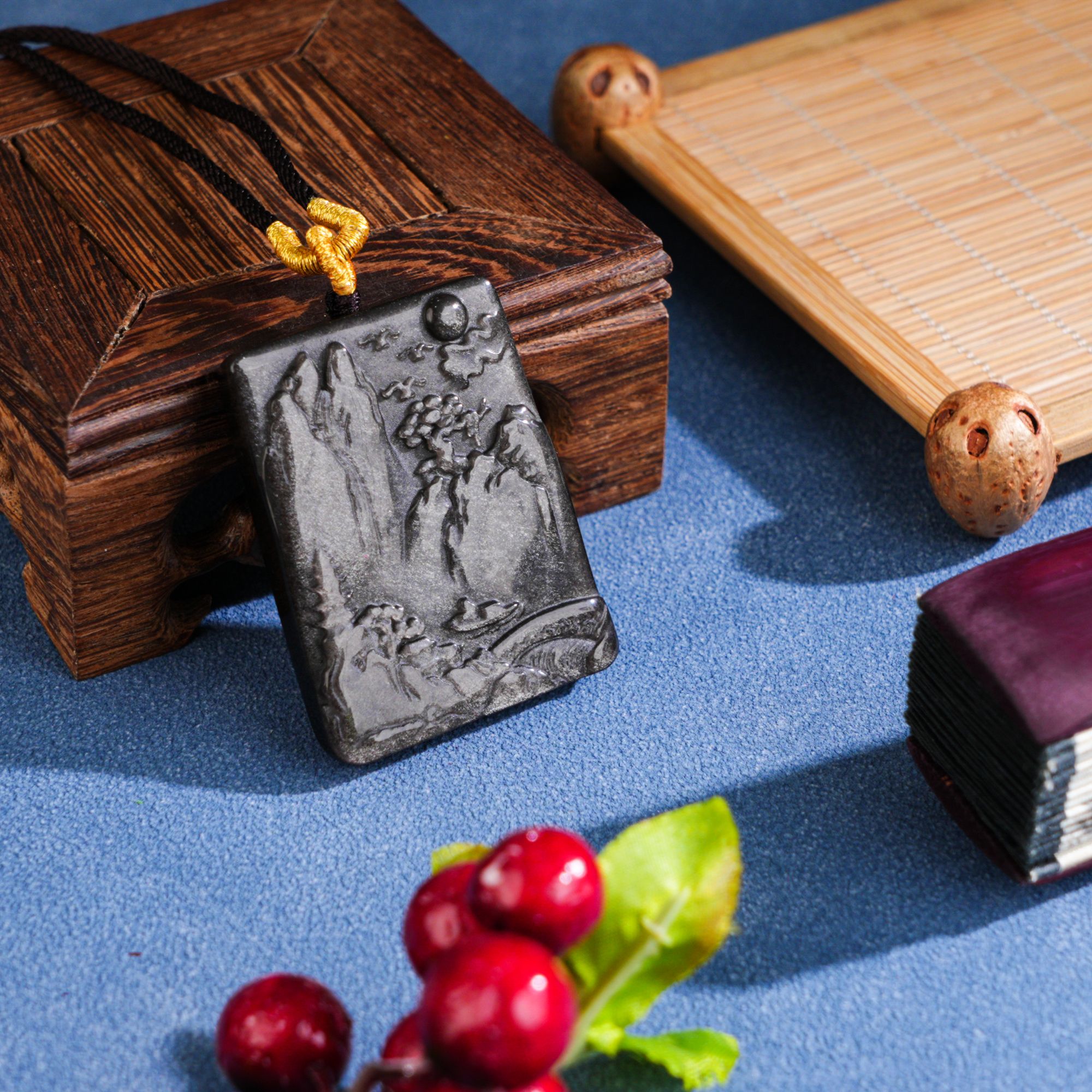 保真天然黑曜石山水牌吊坠多样性任发其一HYS249