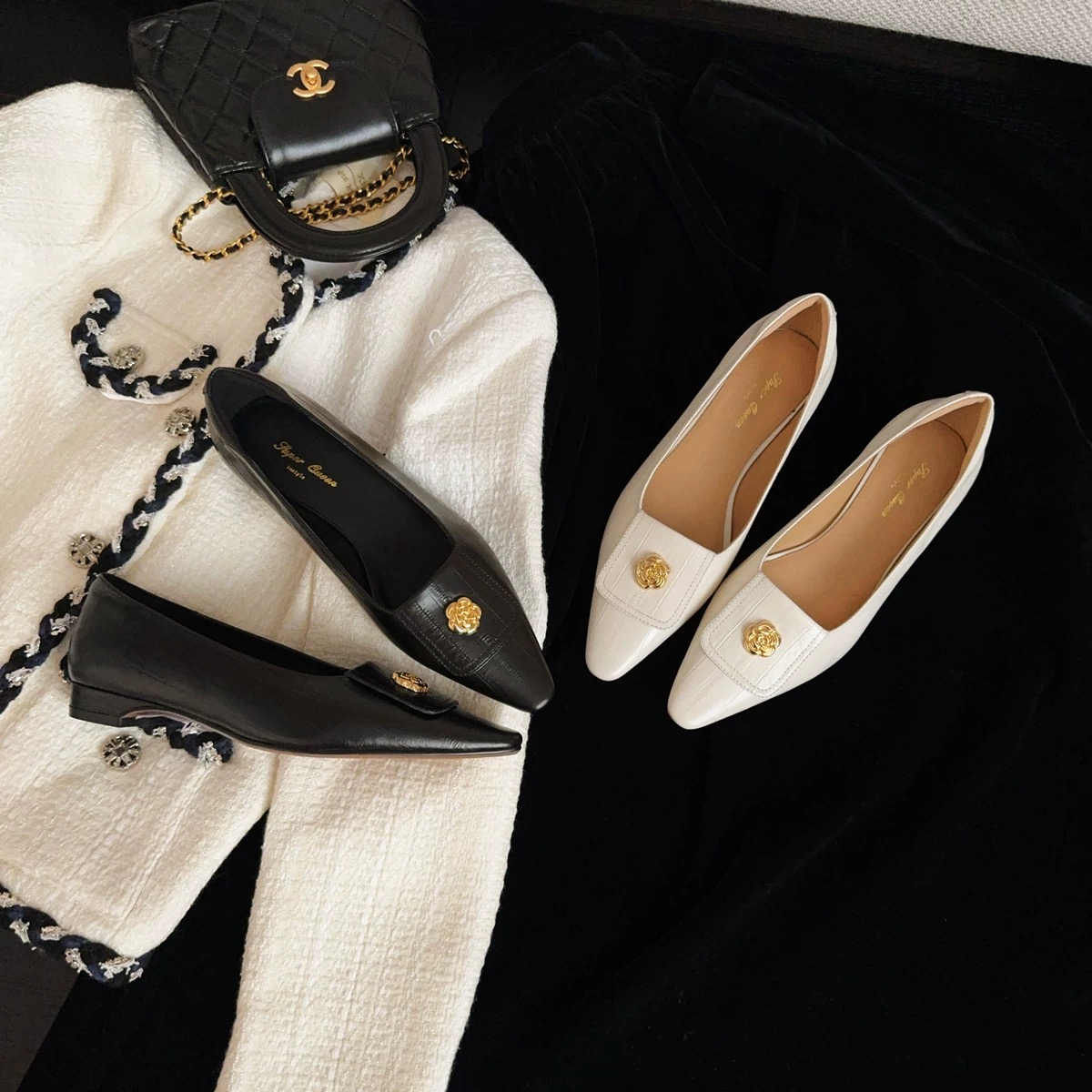 25年新品~山茶花鳄鱼纹牛皮方头浅口气质低跟单鞋女