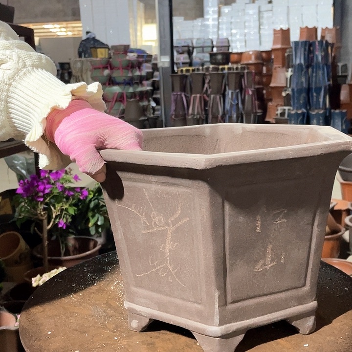 紫砂32刻绘六方花盆