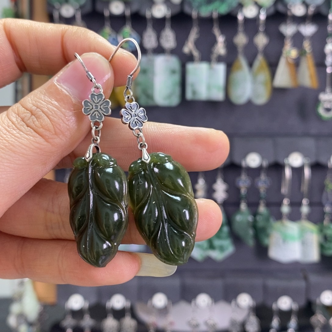 和田玉耳饰银S925镶嵌