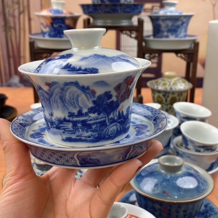 摆件陶富春山居图马蹄盖碗