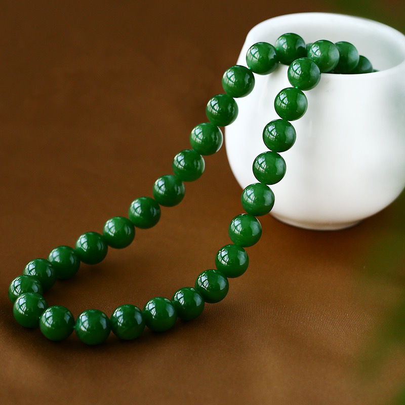 天然和田碧玉12mm项链 男女款菠菜绿 阳绿手串时尚百搭气质包邮