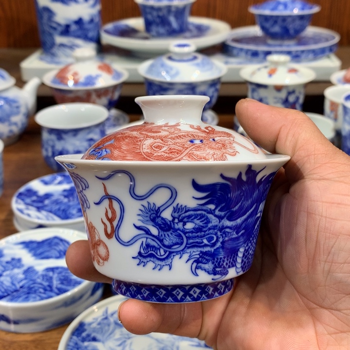 自成堂柴窑青花双龙盖碗