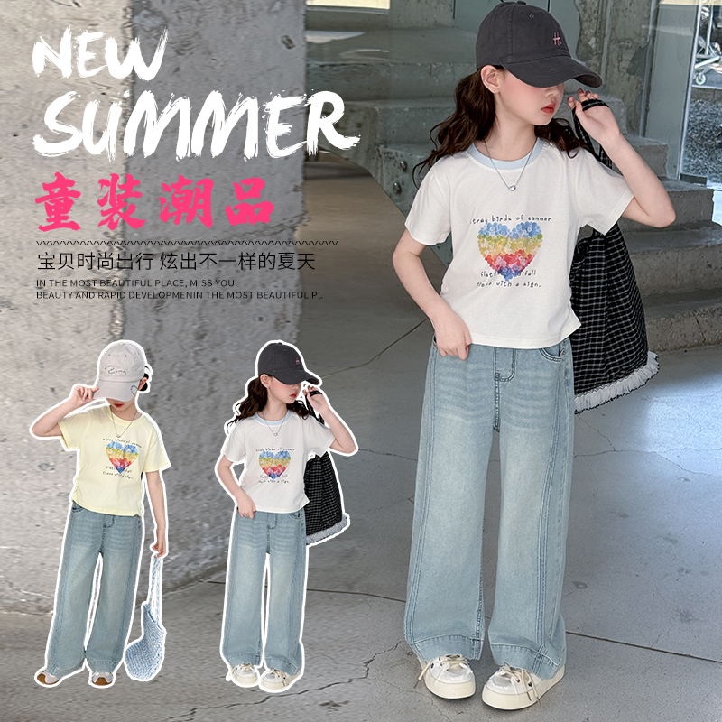 女童短袖套装2025夏季款宽松休闲儿童网红韩版潮酷T恤牛仔裤衣服