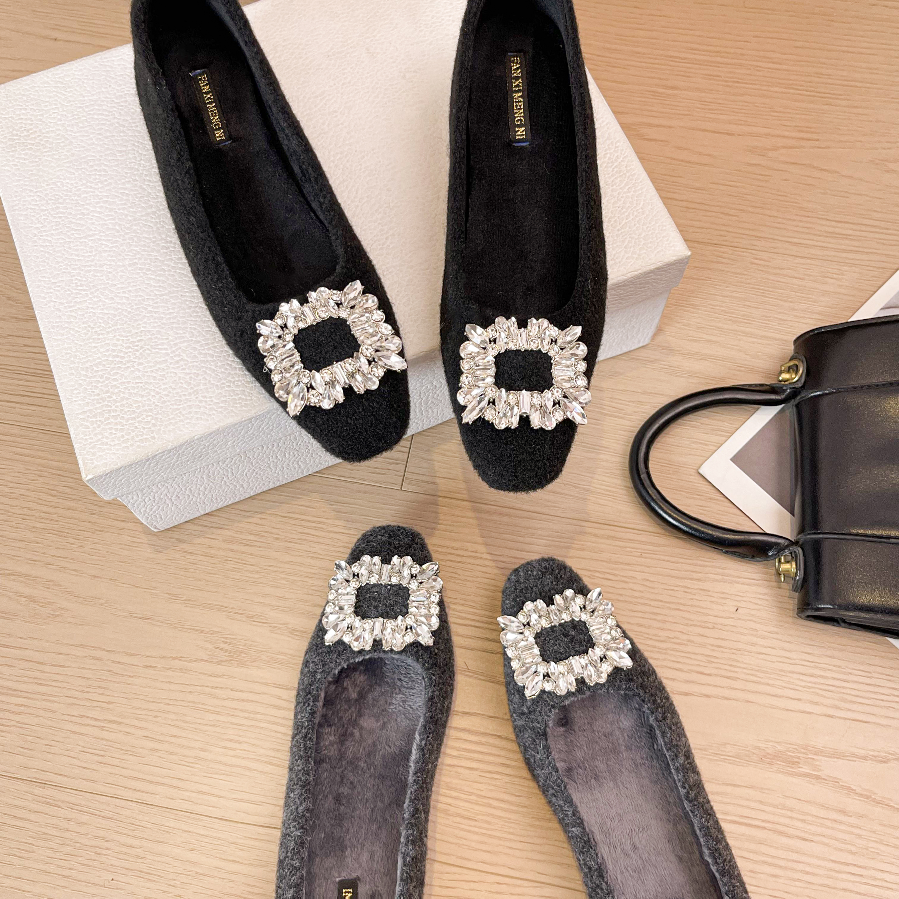 「4cm内增高」方扣厚黑鞋百搭内增高秋冬单鞋浅口低跟增高韩版水钻