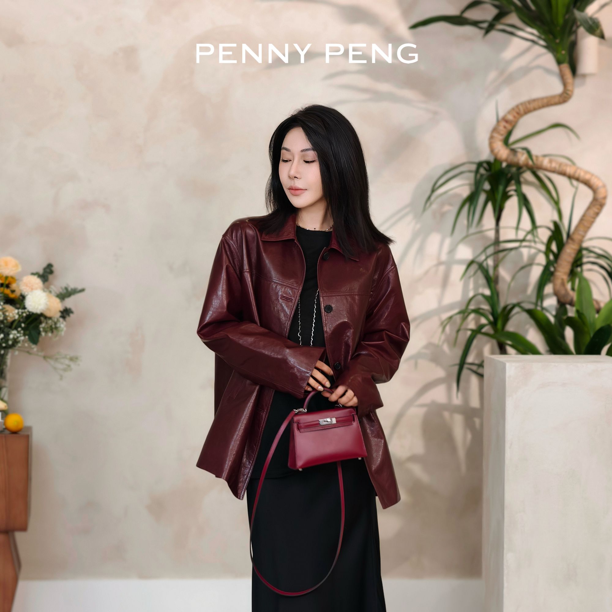 PENNYPENG柏林绅士春季时尚气质潮流宽松百搭两色翻领羊皮短外套