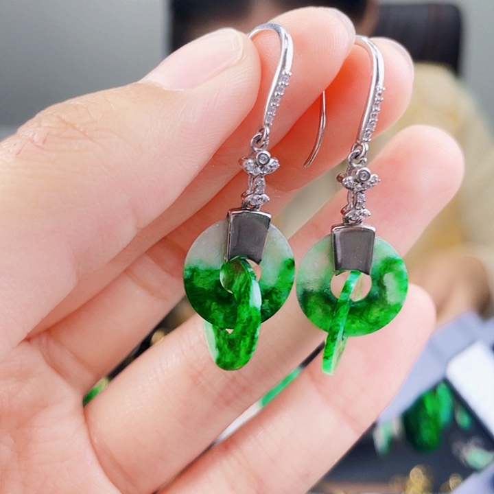 翡翠耳饰银S925镶嵌饰品