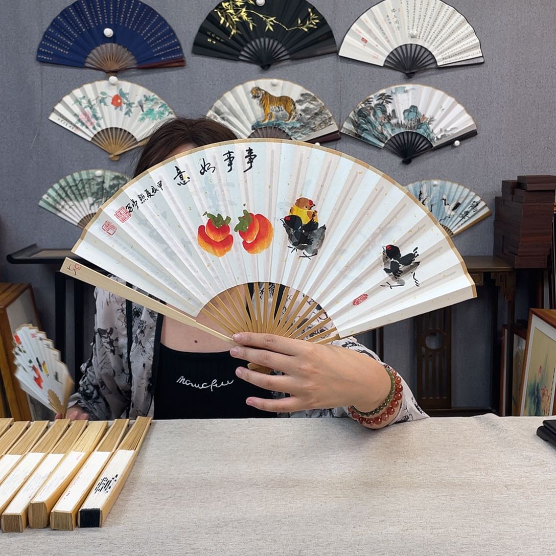 书法8寸玉竹-纯手绘-文玩扇骨（默认粘好）