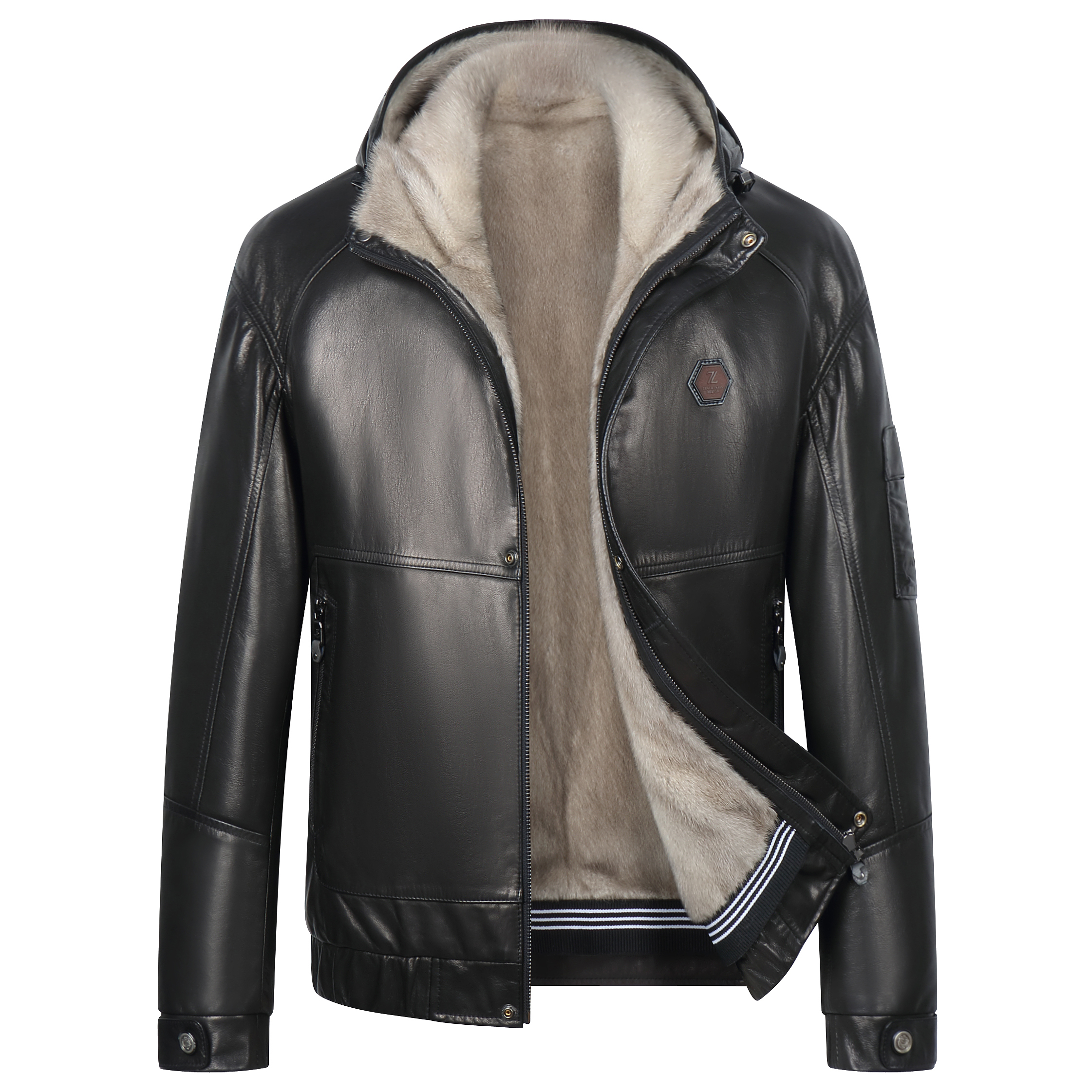 海宁源头工厂银兰本色水貂男士山羊男士真皮皮衣皮外套28086