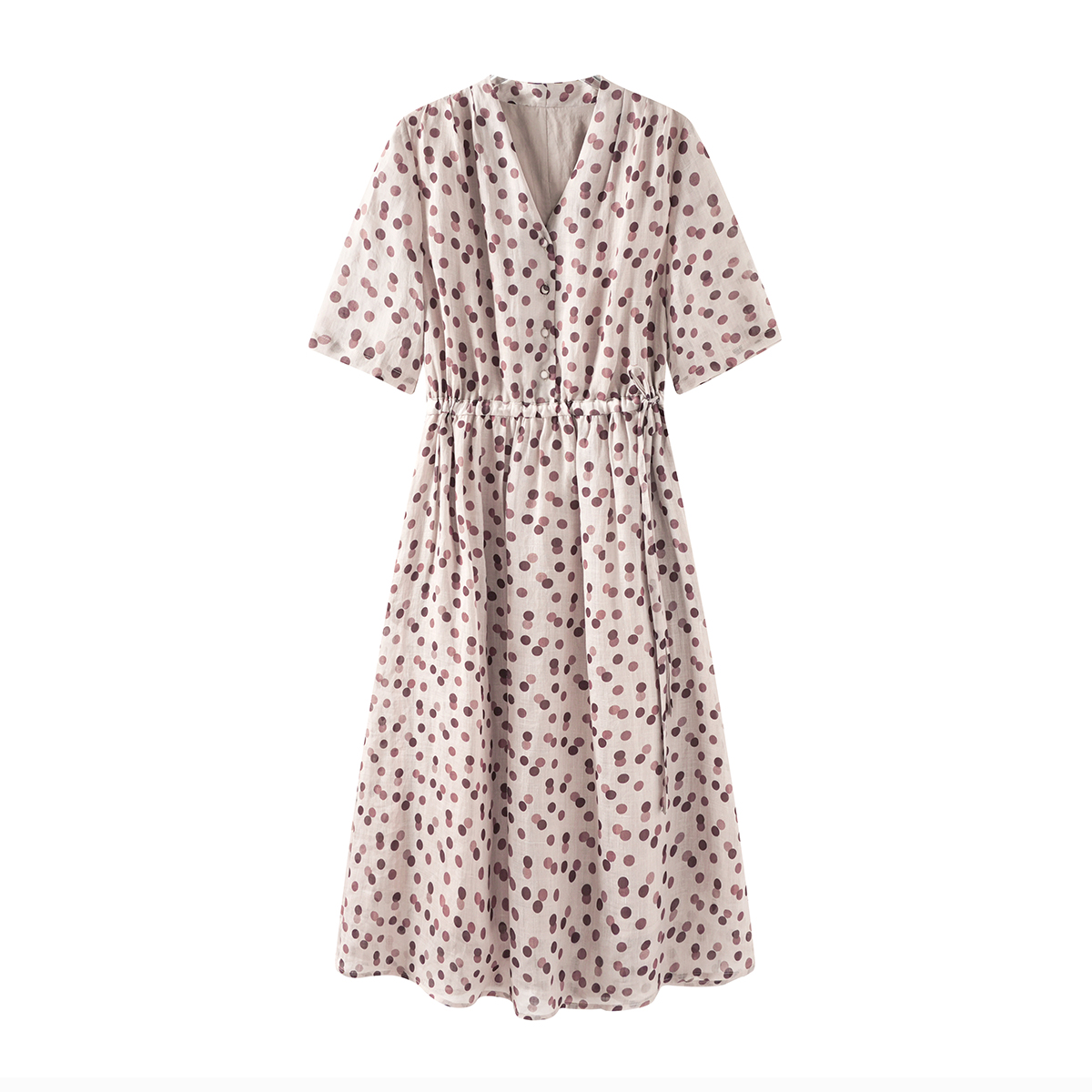 100%苎麻波点V领松紧腰连衣裙女夏气质长裙CYC55165