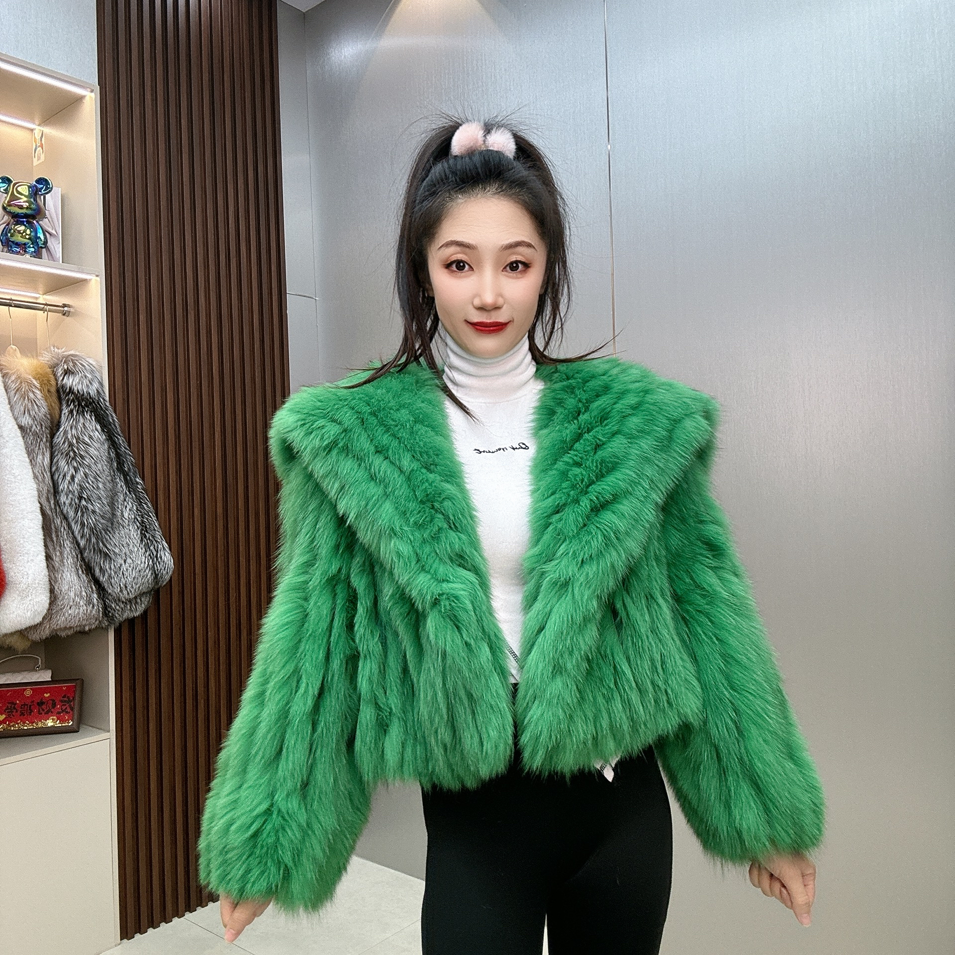 热门狐狸毛加密车条短款海军领加厚时尚百搭皮草外套