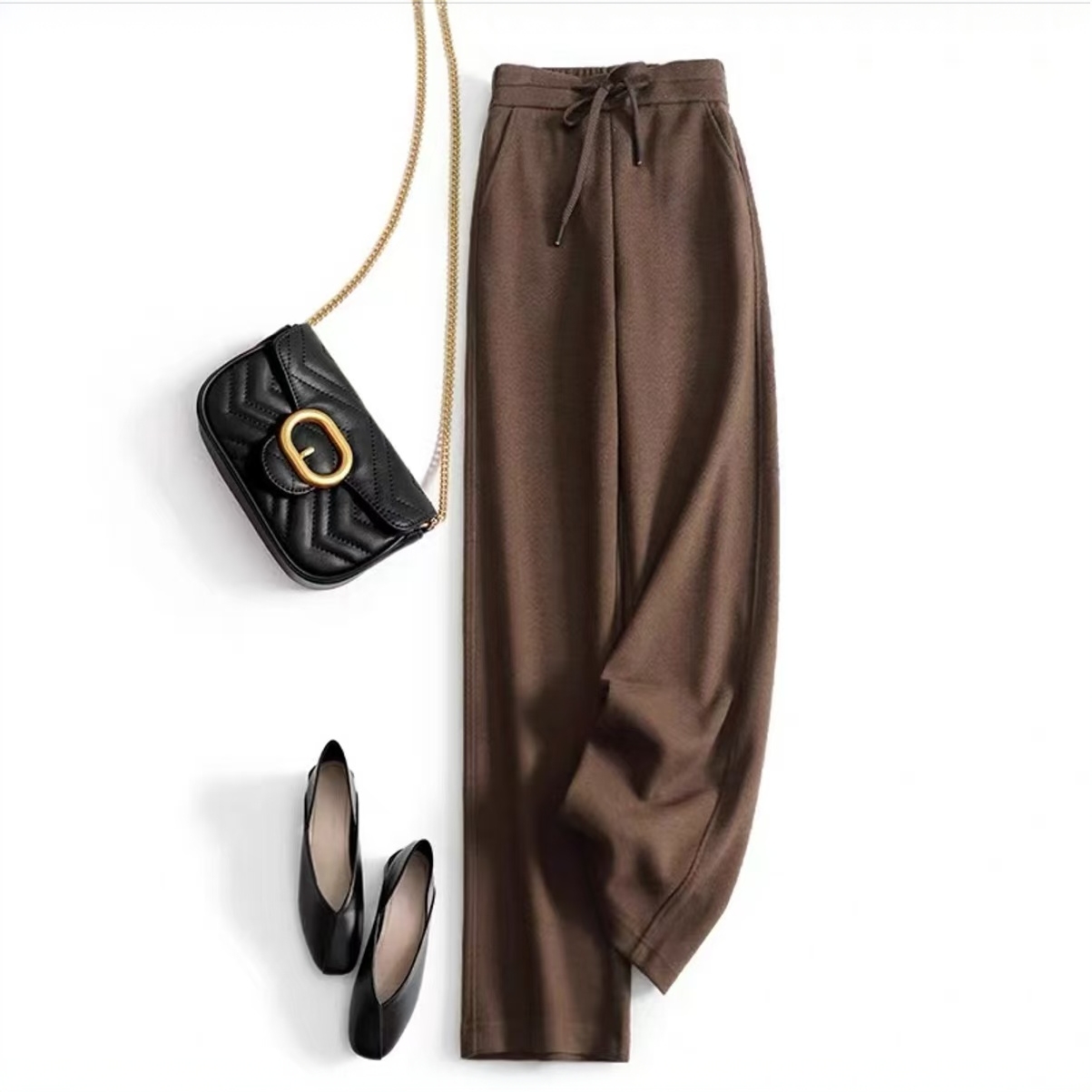 秋冬新款高腰羊绒人字纹窄版显瘦阔腿休闲直筒裤阔腿裤8868款