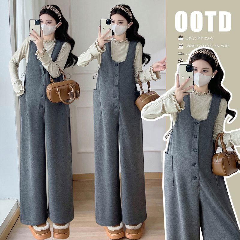 气质孕妇背带裤加绒加厚纹理感休闲连体裤子孕妇装秋冬装套装外穿