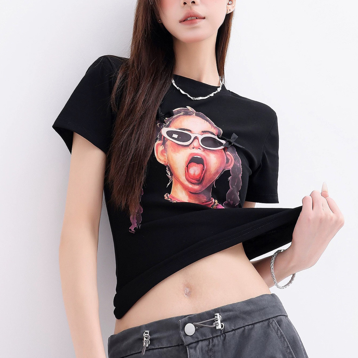2025秋冬新款潮美式复古印花修身显瘦磨毛面料上衣T恤女