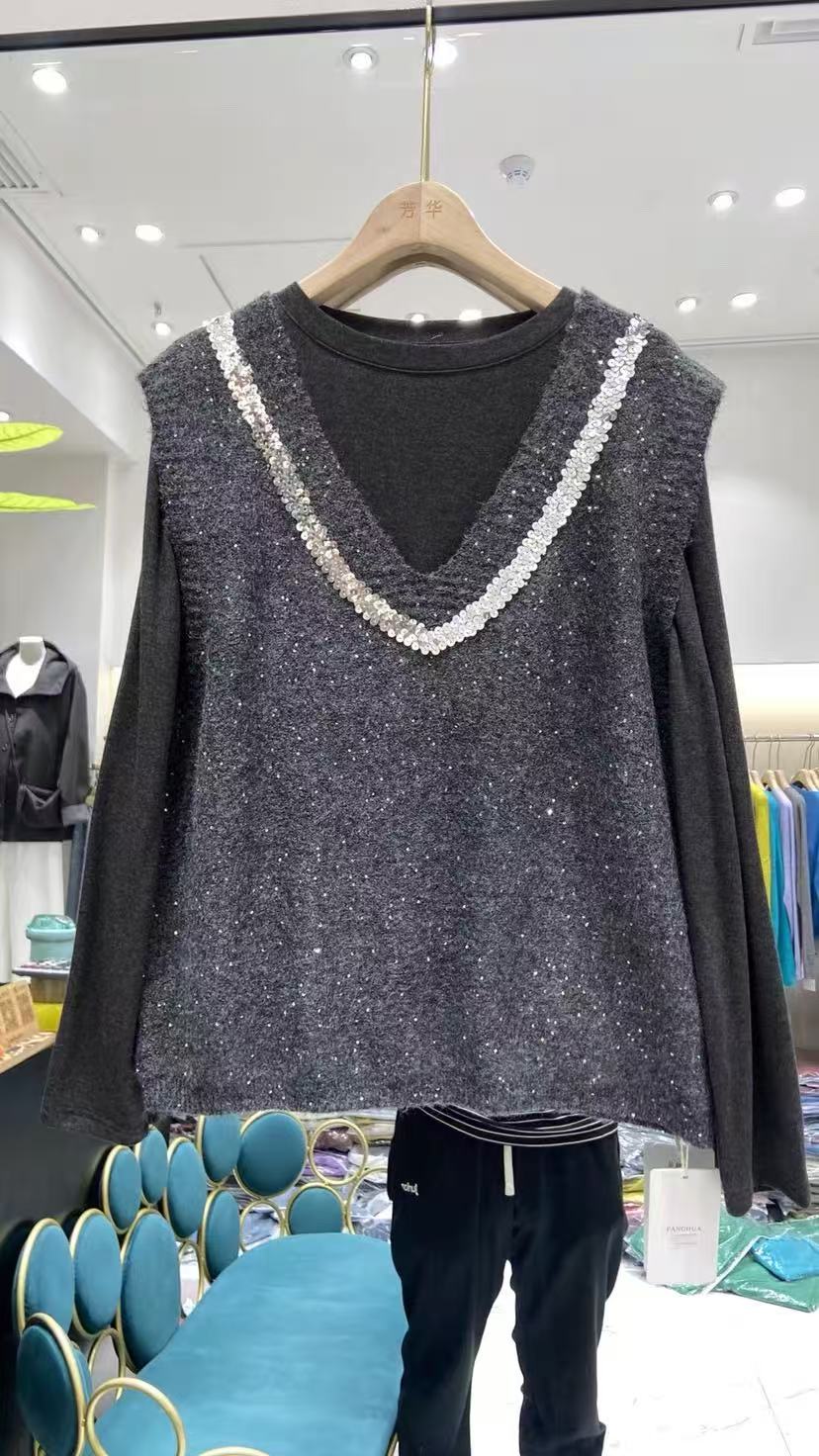 65071无袖亮片马甲套头通勤常规INS风