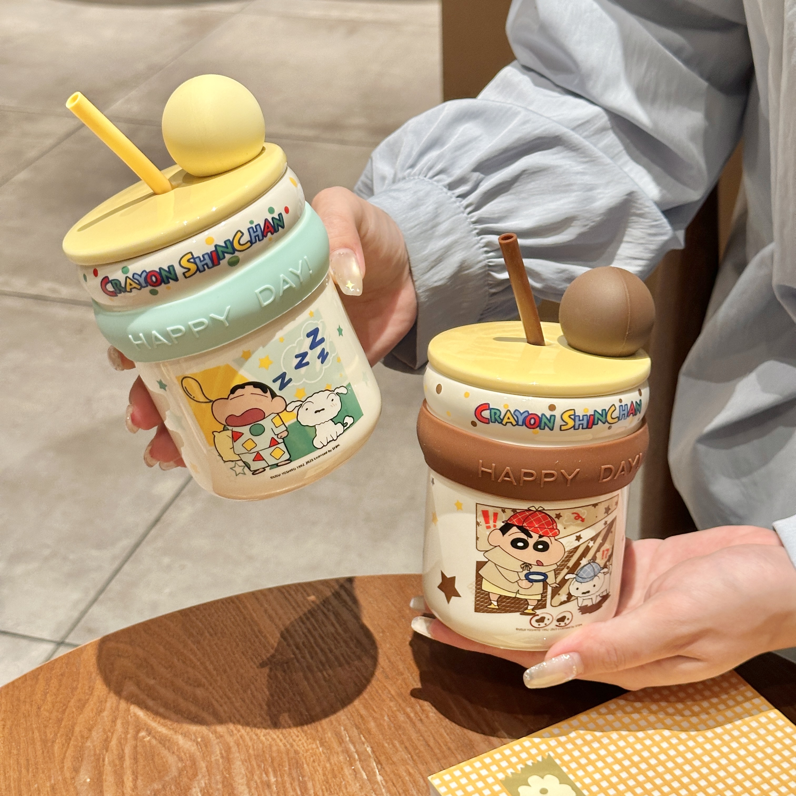 正版蜡笔小新马克杯卡通学生情侣卡通风可爱吸管陶瓷杯子高颜值